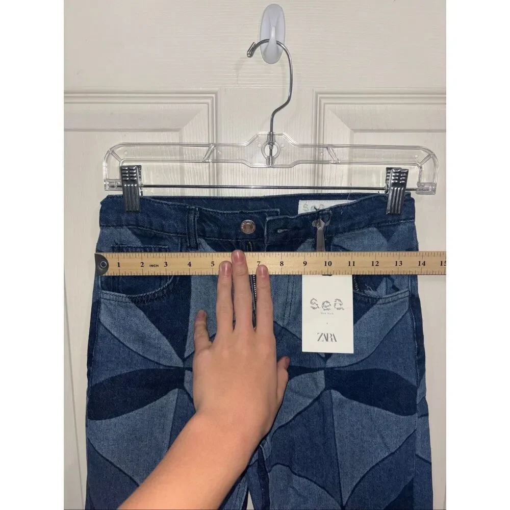 NWT Zara Kids x Sea New York Geometric Print Wide Leg Kids Patchwork Denim Jeans